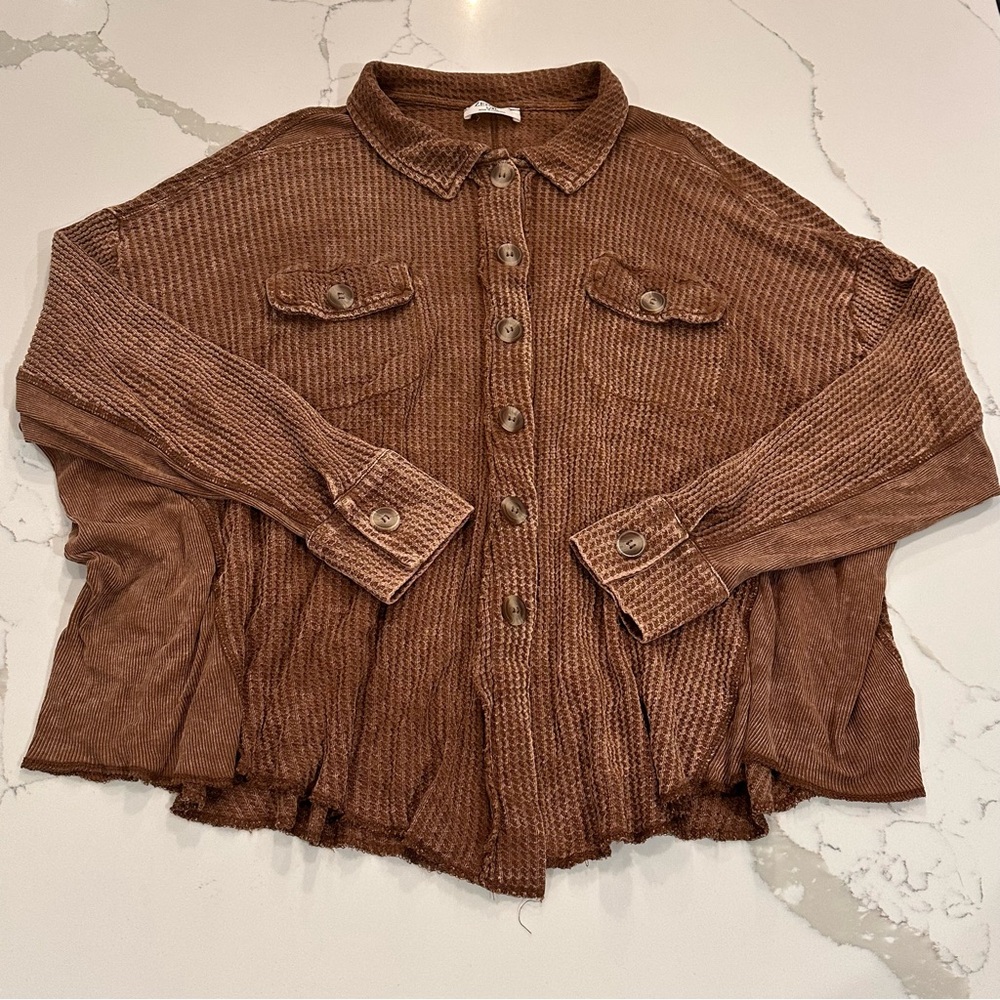 Zenana Thermal Button Down Shirt Womens Size L / XL Brown Cotton Waffle Stretch - Picture 1 of 10